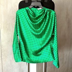 Zara Satin Effect Green w/Black Poco Dots Blouse Size S
